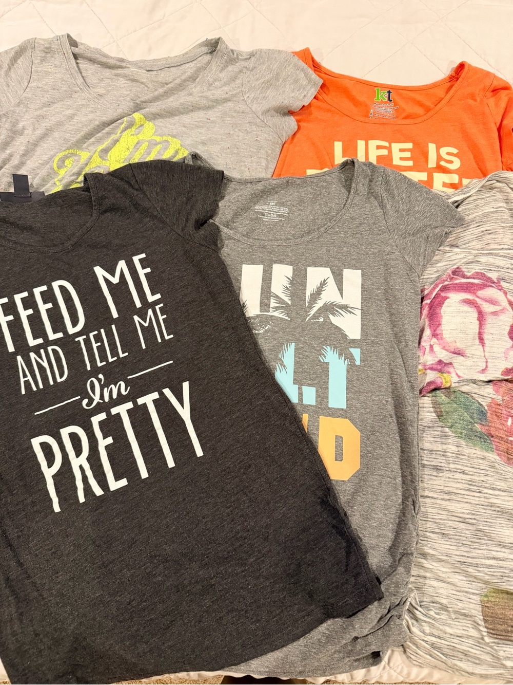 Maternity Graphic Tee Bundle - Charcoal, Heather Gray, Orange, Floral